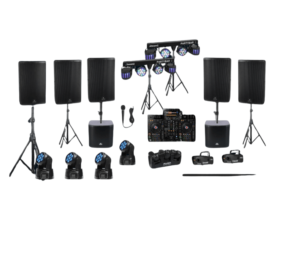 Complete set SET 4: 1x DJ set, 5x Speaker, 2x Subwoofer, 2x Partybar, 4x Partylicht, 1x Partylicht 6 beamz, 2x Rookmachine, 1x Microfoon