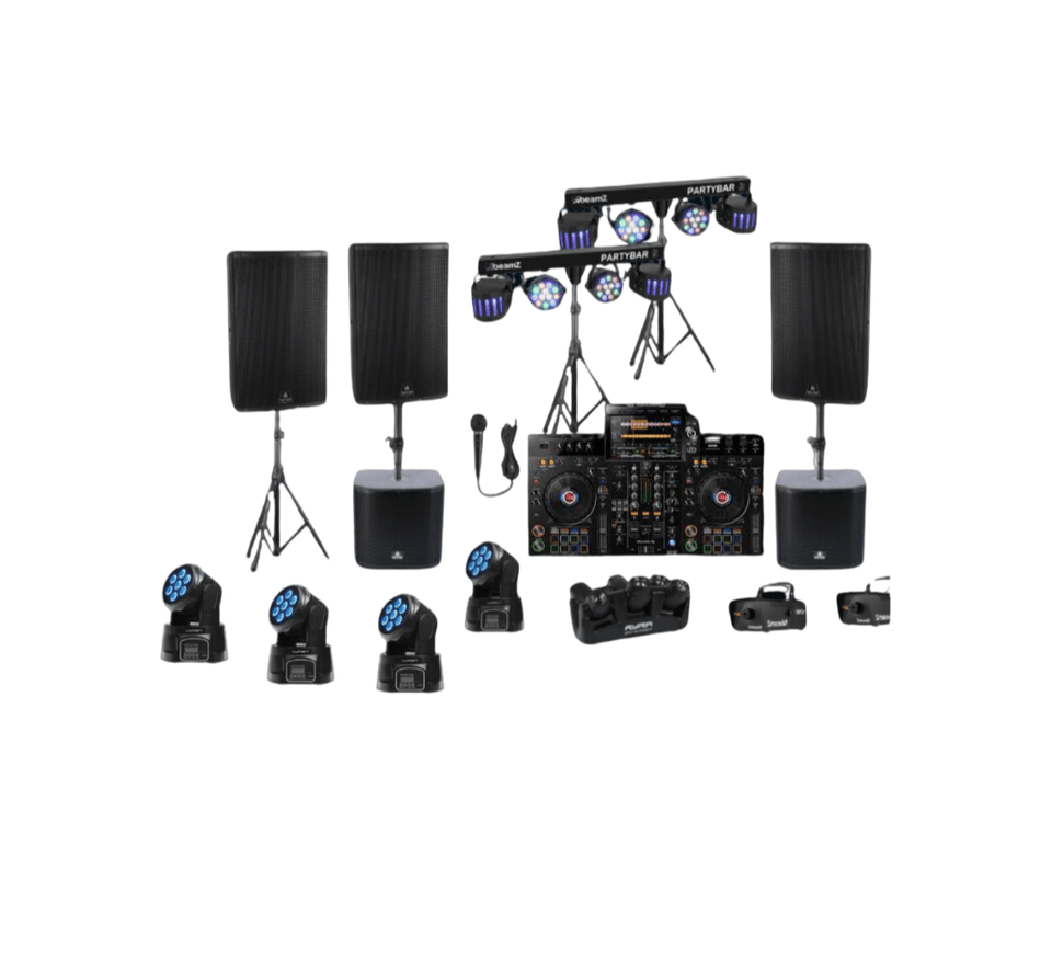 Complete set SET 3: 1x DJ set, 4x Speaker, 2x Subwoofer, 2x Partybar, 4x Partylicht, 1x Partylicht 6 beamz, 2x Rookmachine, 1x Microfoon