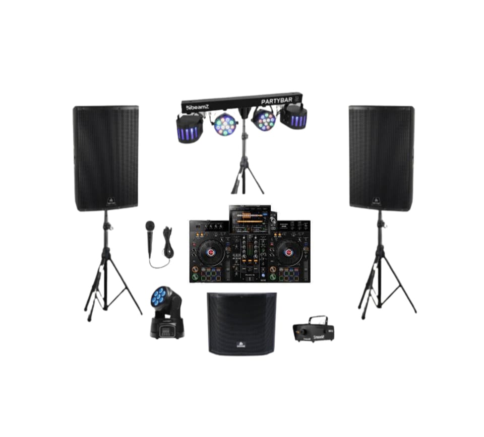 Complete set SET 2: 1x DJ set, 3x Speaker, 2x Subwoofer, 2x Partybar, 4x Partylicht, 1x Partylicht 6 beamz, 2x Rookmachine, 1x Microfoon