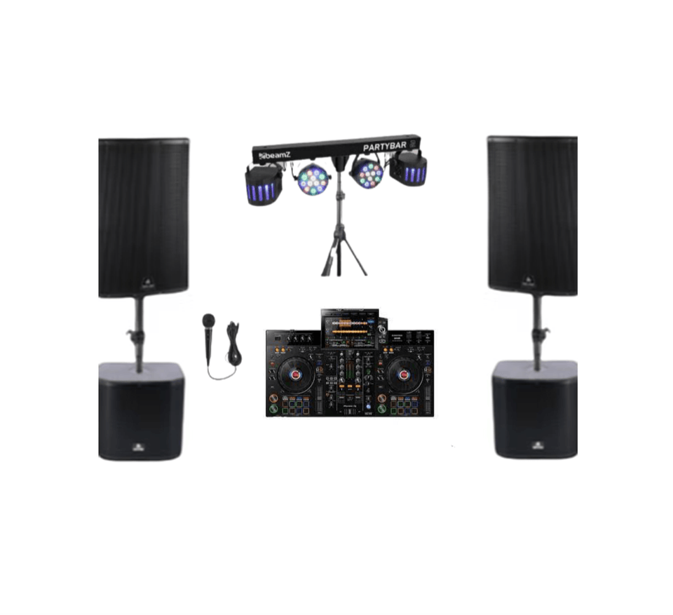 Complete set SET 1: 1x DJ set, 2x Speaker, 2x Subwoofer, 2x Partybar, 2x Partylicht, 1x Partylicht 6 beamz, 2x Rookmachine, 1x Microfoon